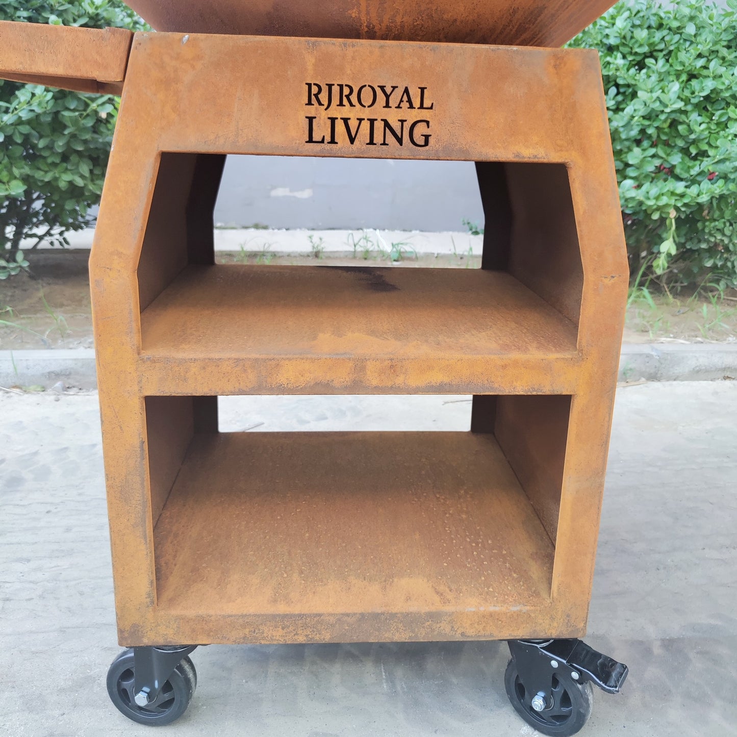 BBQ Plancha Grill Maestro XXXL Ø100cm Cortenstaal - Met Grote wielen en houtopslag