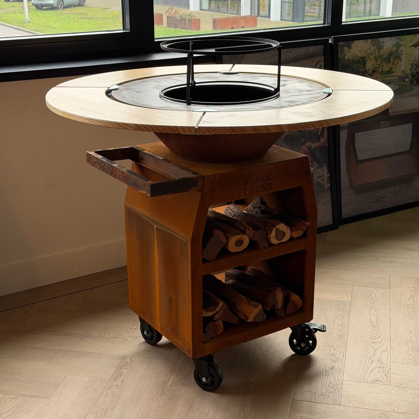 BBQ Plancha Grill Maestro Ø70cm Cortenstaal - Met Houten Omranding Plancha Mesa