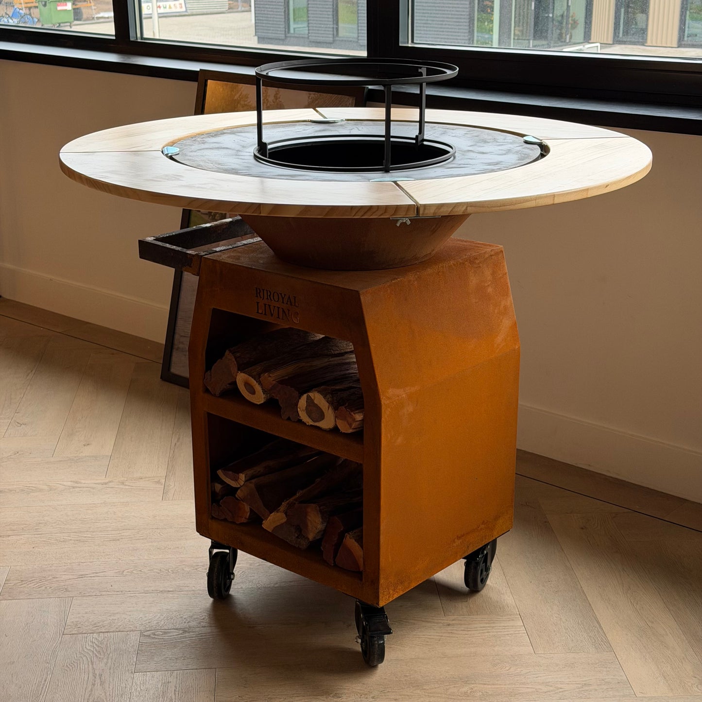 BBQ Plancha Grill Maestro Ø70cm Cortenstaal - Met Houten Omranding Plancha Mesa