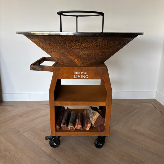 BBQ Plancha Grill Maestro XXXL Ø100cm Cortenstaal - Met Grote wielen en houtopslag