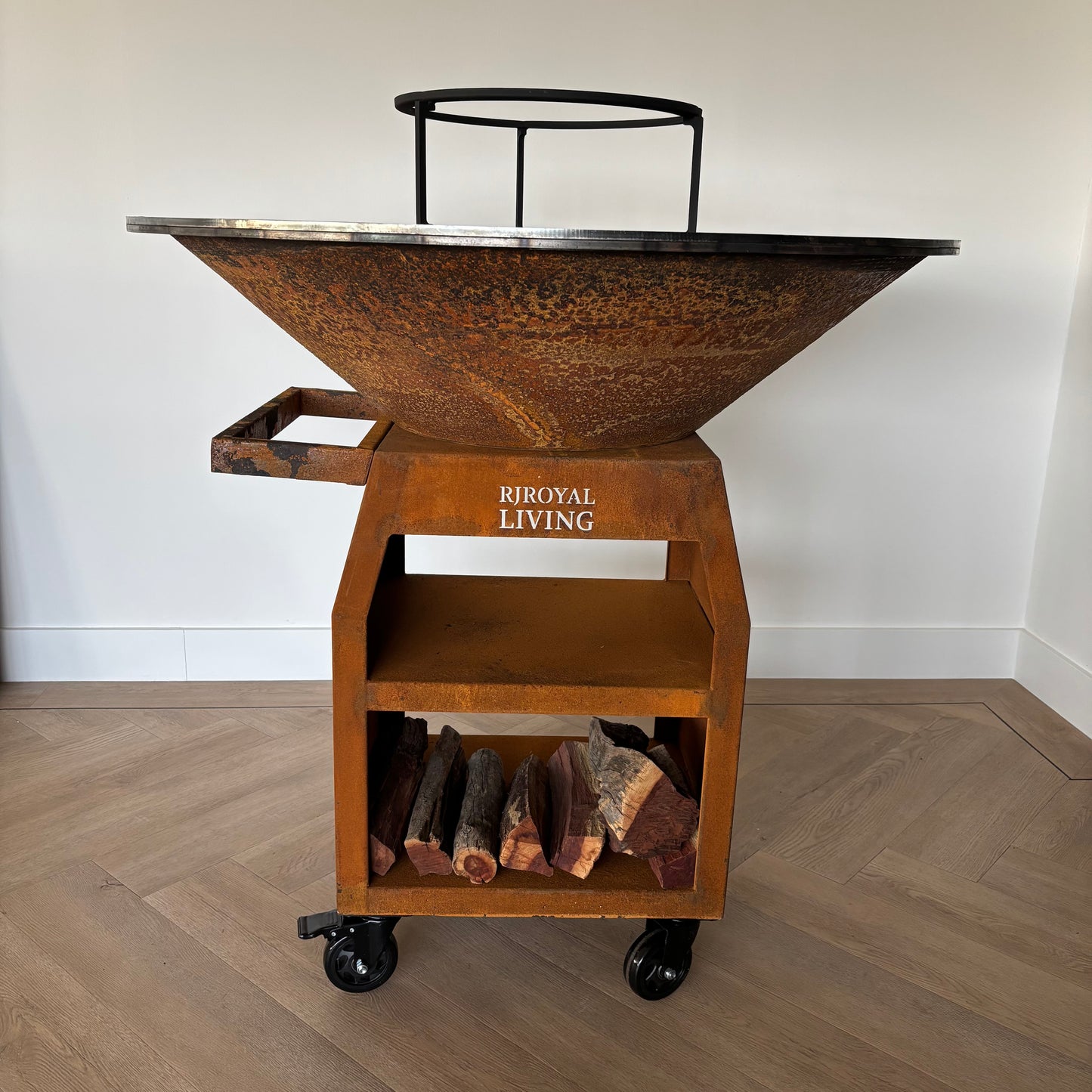 BBQ Plancha Grill Maestro XXXL Ø100cm Cortenstaal - Met Grote wielen en houtopslag