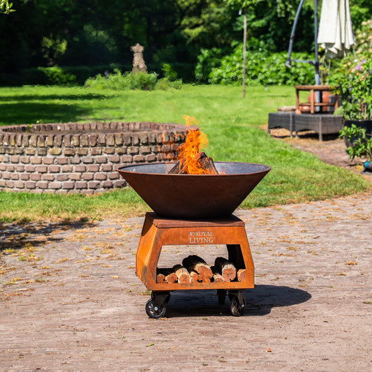 BBQ Plancha Grill Brasero Vuurschaal Cortenstaal met grote wielen en houtopslag Ø75cm