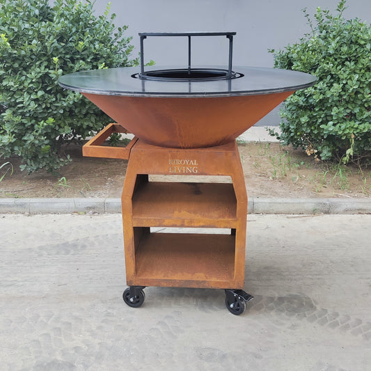 BBQ Plancha Grill Maestro XXXL Ø100cm Cortenstaal - Met Grote wielen en houtopslag