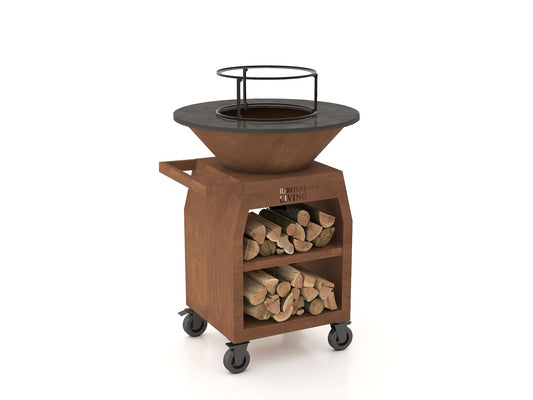 BBQ Plancha Grill Maestro Ø70cm Cortenstaal - Met Grote wielen en houtopslag