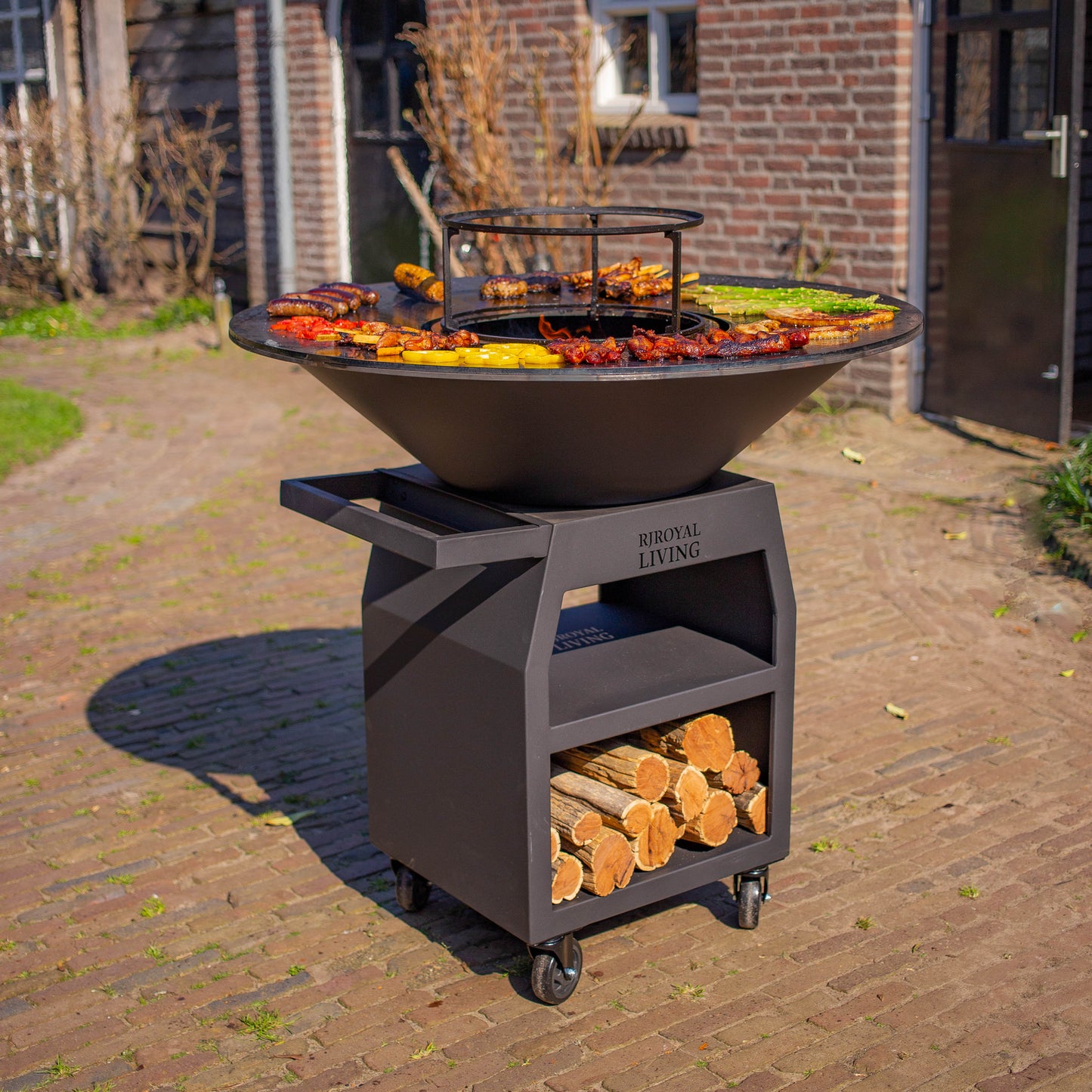 BBQ Plancha Grill Maestro XXXL Ø100cm Blackline - Met Grote wielen en houtopslag