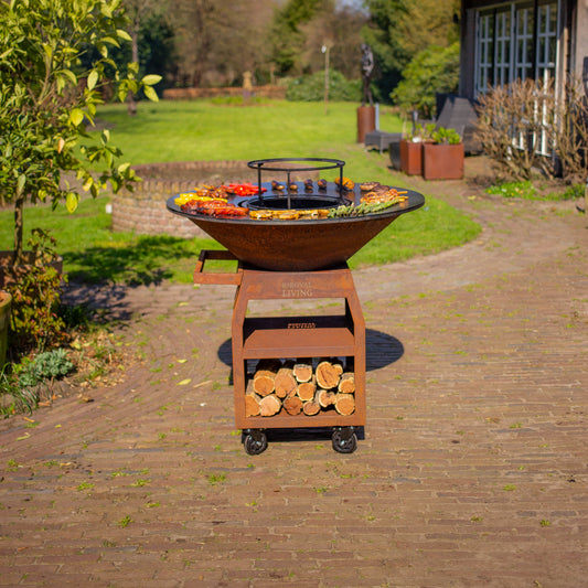 BBQ Plancha Grill Maestro XXXL Ø100cm Cortenstaal - Met Grote wielen en houtopslag