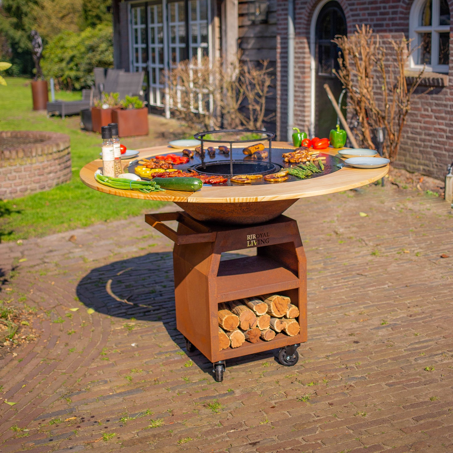 BBQ Plancha Grill Maestro XXXL Ø100cm Cortenstaal - Met Houten Omranding Mesa