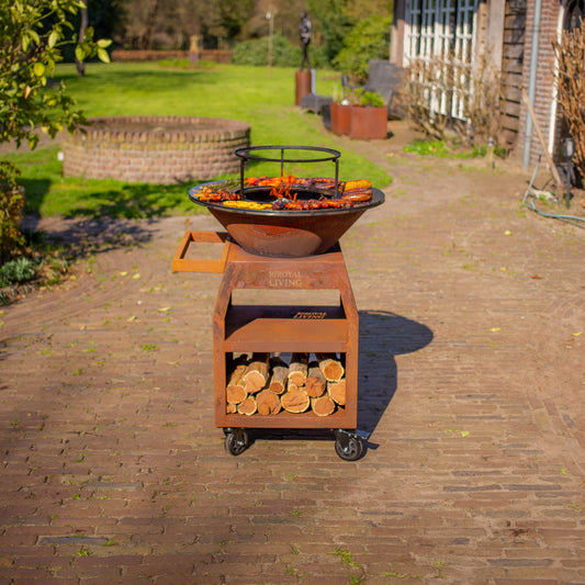 BBQ Plancha Grill Maestro Ø70cm Cortenstaal - Met Grote wielen en houtopslag