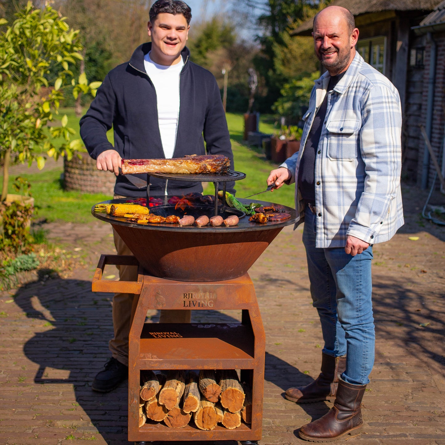 BBQ Plancha Grill Maestro XXL Ø80cm Cortenstaal - Met pook en houtopslag
