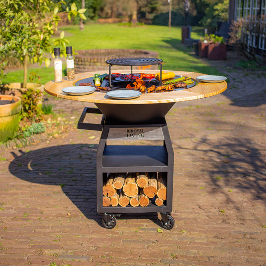BBQ Plancha Grill Maestro Smokeless XXL Ø80cm Blackline - Rookloze Plancha Met Mesa Houten Omranding