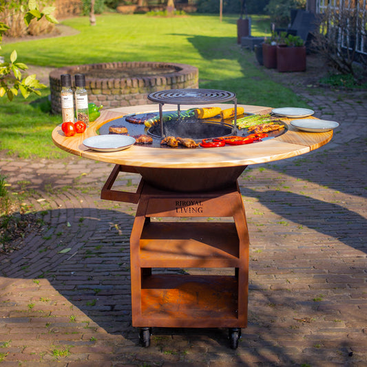 BBQ Plancha Grill Maestro Smokeless XXL Ø80cm Cortenstaal - Rookloze Plancha Met Mesa Houten Omranding