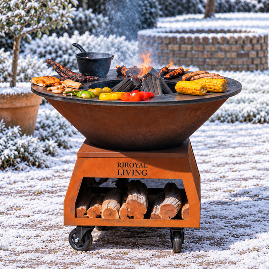 RJRoyal Living Brasero Cortenstaal met bakplaat 80 cm in besneeuwde tuin