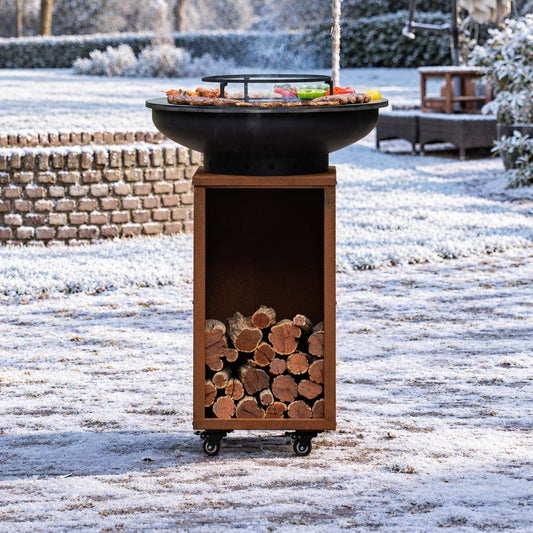 BBQ Plancha Grill Blackline Cortenstaal 8mm Camarada 2.0 - Met pook en houtopslag Ø70cm