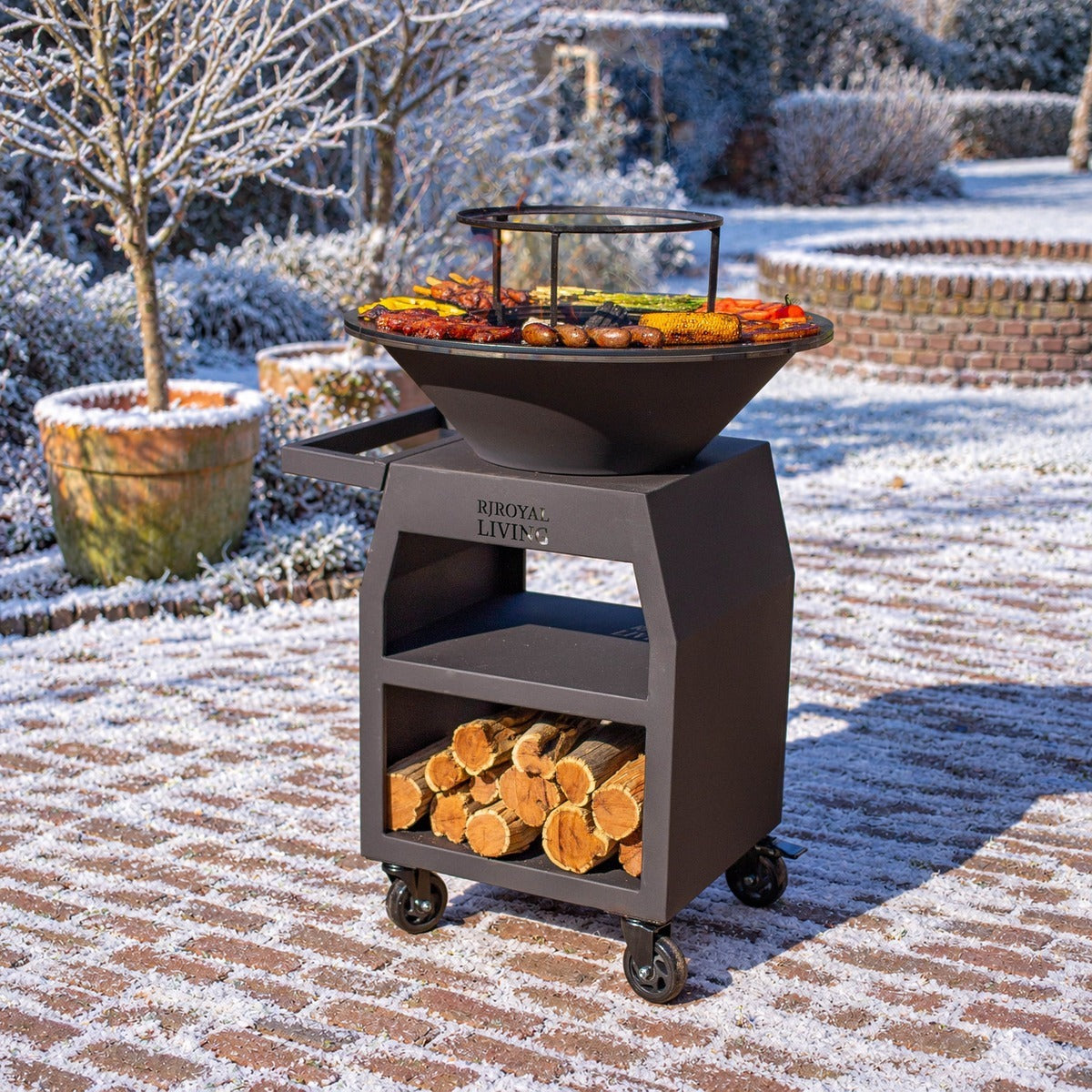 BBQ Plancha Grill Maestro Ø70cm Blackline - Met Grote wielen en houtopslag