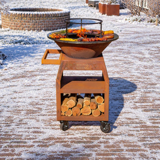 BBQ Plancha Grill Maestro Ø70cm Cortenstaal - Met Grote wielen en houtopslag