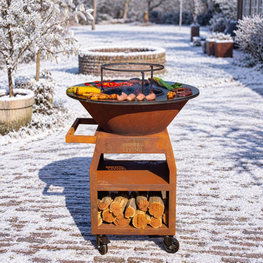 BBQ Plancha Grill Maestro XXL Ø80cm Cortenstaal - Met pook en houtopslag