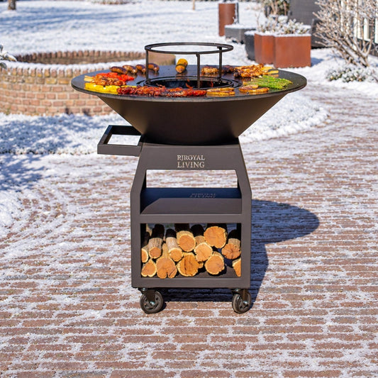 BBQ Plancha Grill Maestro XXXL Ø100cm Blackline - Met Grote wielen en houtopslag